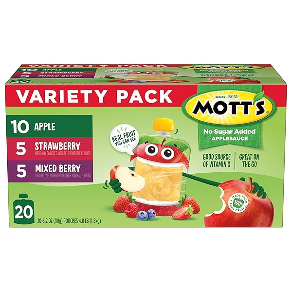 MOTT’S NO SUGAR ADDED APPLESAUCE VARIETY PACK, 3 FLAVORS – APPLE, STRAWBERRY & MIXED BERRY, MADE FROM REAL FRUIT, NO ARTIFICIAL FLAVORS, 3.2 OZ CLEAR POUCHES, 20 PACK