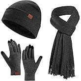 Women's Winter Beanie Hat Scarf Gloves Set, Warm Fleece Interior Knit Hat with Long Scarf Touchscreen Gloves 3 in 1 Set