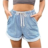 EasyFair Womens Casual Denim Shorts Elastic Waist Drawstring Comfy Summer Beach Outdoor Jean Shorts