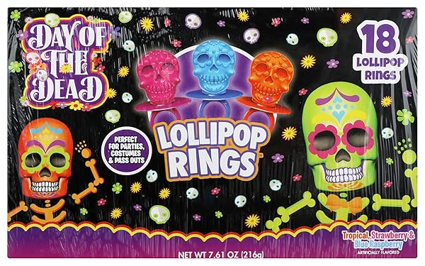 HALLOWEEN DAY OF THE DEAD SUGAR SKULL LOLLIPOP RINGS,7.61 OUNCE, BOX OF 18