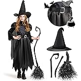 Spooktacular Creations Girls Black Witch Costume, Kids Halloween Outfit with Broom, Toddler Witch Dress for Halloween Parties