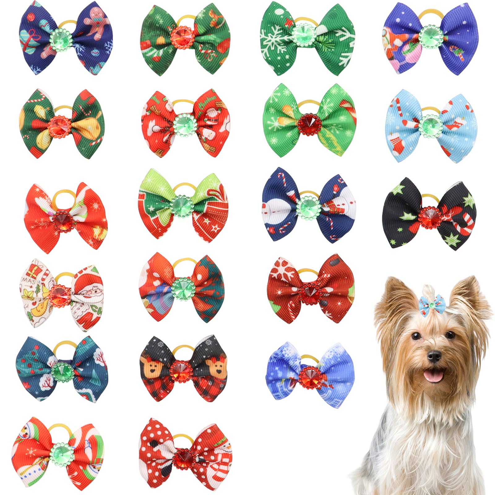 Christmas Dog Hair Bows, 20 Pcs Cute Dog Hair Bows with Elastic Rubber Bands, Puppy Hair Bows Christmas Pet Hair Accessories for Long Hair Dogs Cats (Multi-colored A)