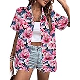 Women's Button Down Hawaiian Shirts Tropical V Neck Summer Beach Blouses Tops Floral Print Vintage Short Sleeve Tees