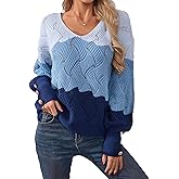 Libsorge Womens Oversized Cute Color Block Button Sweater Spring 2026 Lightweight Crochet Knit Sexy V Neck Pullover Top