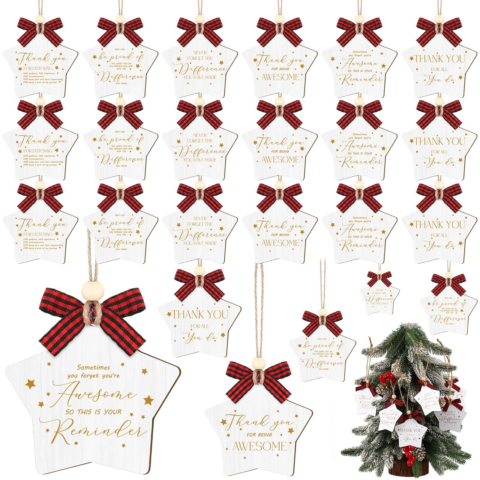 Namalu 24 Pcs Christmas Appreciation Gifts Thank You Gifts Wooden Star Tree Decoration Hanging Farmhouse Christmas Star Ornaments Gift