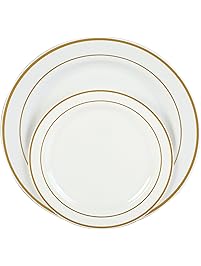 Premium Disposable Plastic Plates 120 Pack (60 x 10.5&rdquo; Dinner + 60 x 7.5&rdquo; Salad/Desert) Ivory with Gold Rim by Finest Cutlery for Weddings, Parties, and Special Occasions.