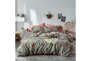 mixinni Vintage Style Garden Flower Duvet Cover Set with Zipper Closure Long Staple Percale Cotton Yellow Vibrant Pattern on Blue Bedding Quilt Cover Set(King, All Season)