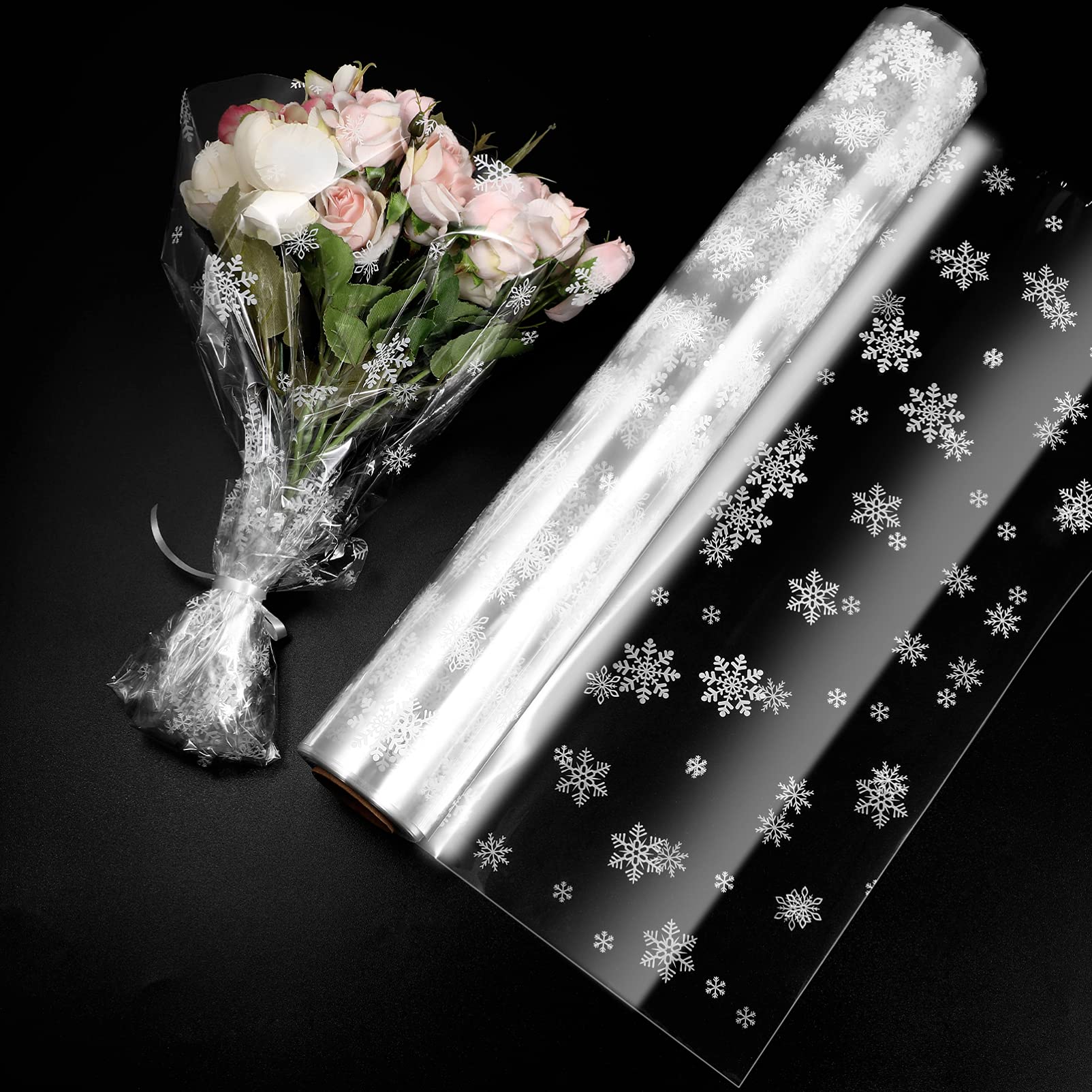 STOBOK Christmas Cellophane Wrap Roll| Unfolded Width 86CM X 30M Snowflake Pattern Paper Wrapper, 3 Mil Thicken Long Film Wrappings for Hampers Flowers, Bouquet, Basket, Packing Paper