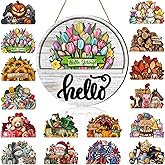 Yousoontic 17 Pcs 12 Inch Magnetic Welcome Door Sign Interchangeable Front Door Decor Rustic Easter Seasonal Hanging Sign Valentine's Day Decor for Home Warming Gift(Lovely Color,Hello)