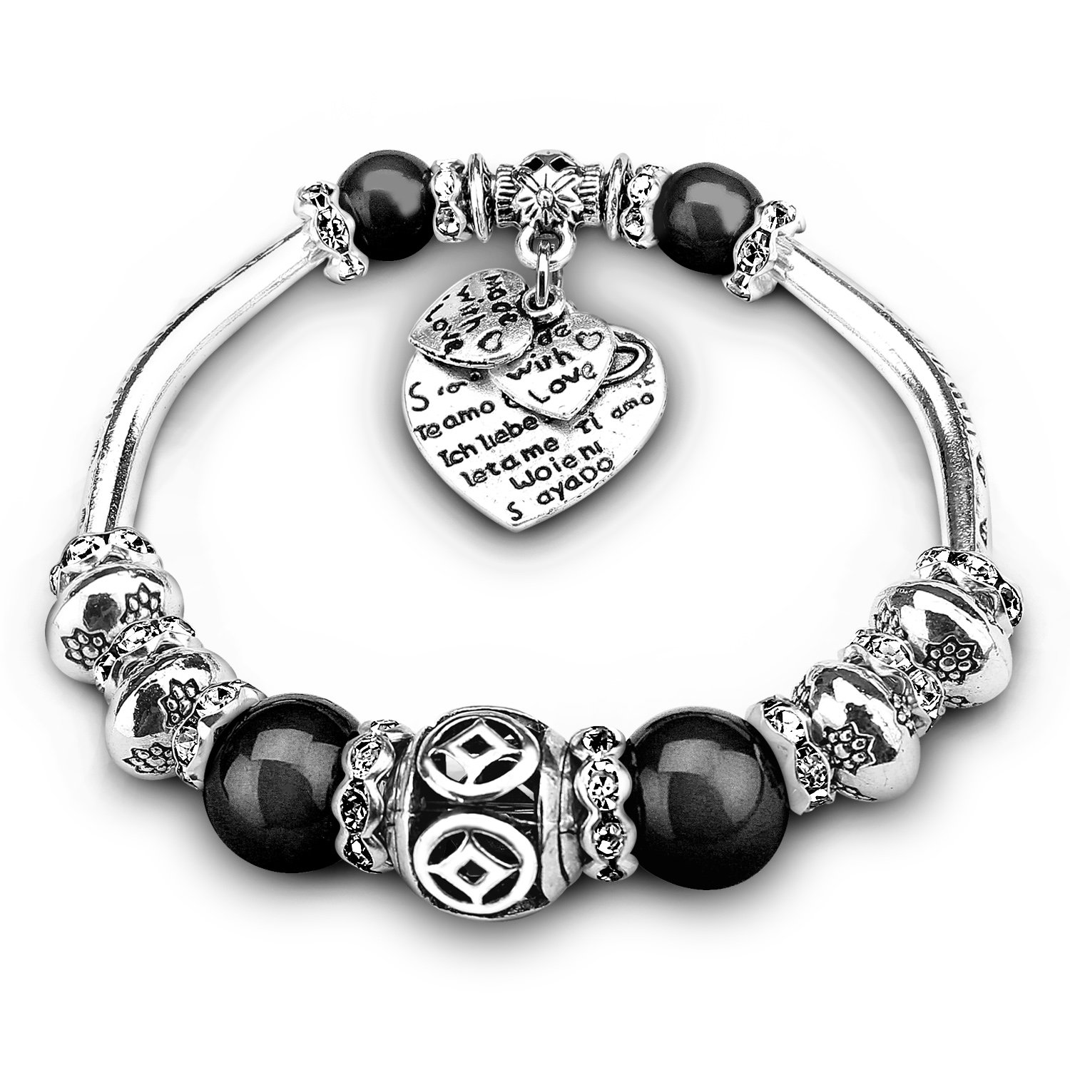 UHIBROS Silver Plated Bangles Snake Chain Pink Crystal Beads Love Heart Beads Glass Charm Bracelet For Women Girl\'s Christmas Birthday Anniversary Valentine\'s day Valentine Gift