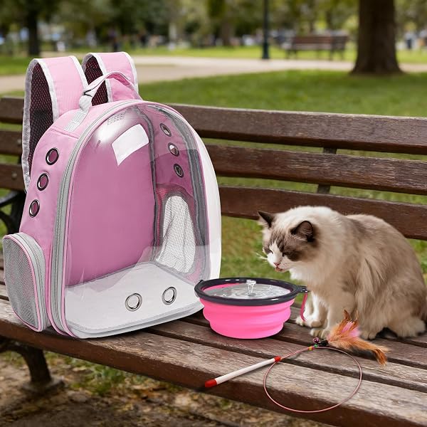 VIVICREATE LARGE CAT BACKPACK CARRIER WITH FOLDING BOWL AND TEASER STICK FOR CATS UP TO 20LBS WITH VENTILATION AND PADDED STRAPS MOCHILA PARA GATOS TRANSPORTADORA MASCOTAS (PINK)