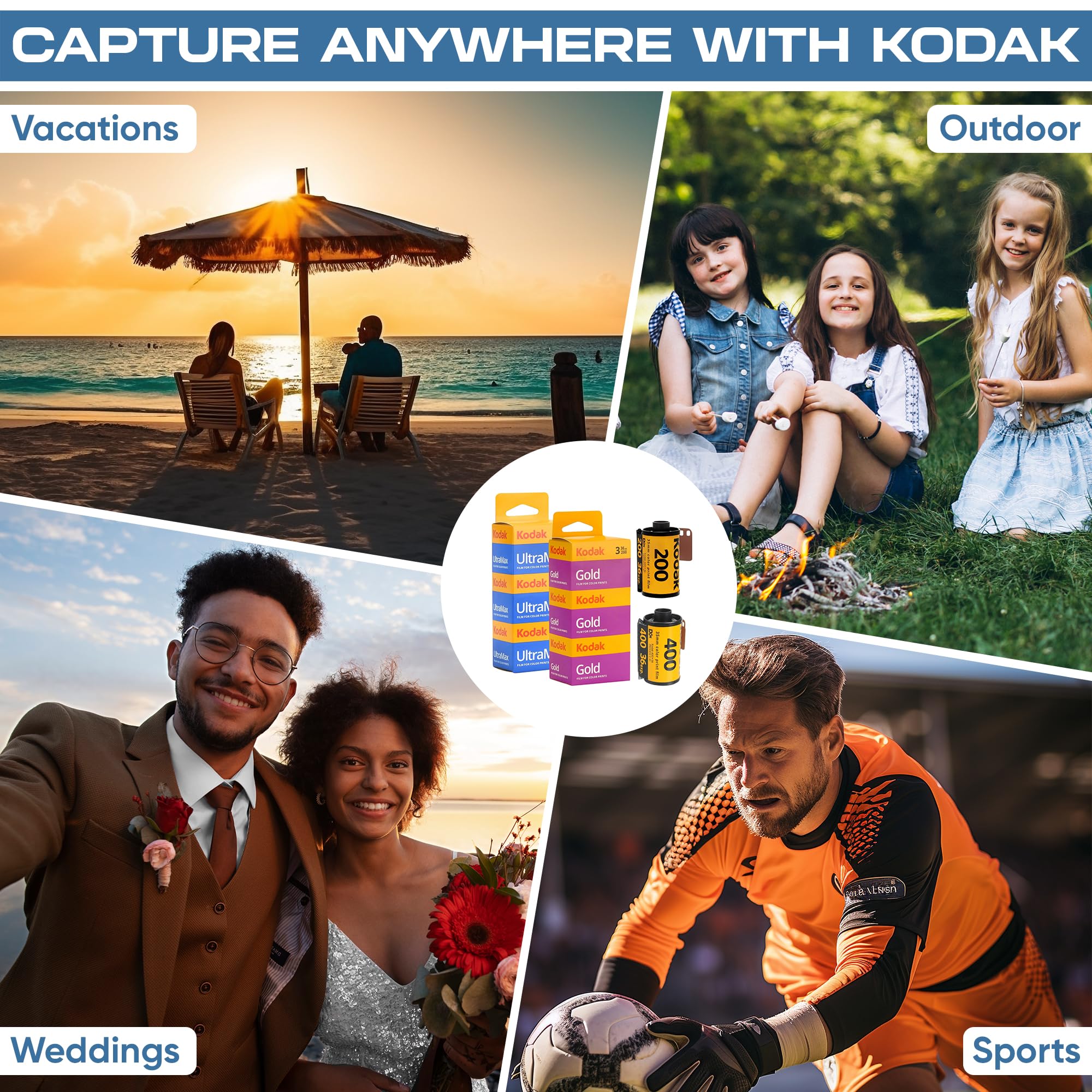 Kodak Ultramax 400 35mm Film 3 Pack & Kodak Gold 200 35mm Film 3 Pack Bundle (6 Total Rolls) 36exp for 35mm Film Camera 35mm - Kodak Film- Balveli Microfiber Cloth - 35 mm Film roll- Camera Film-
