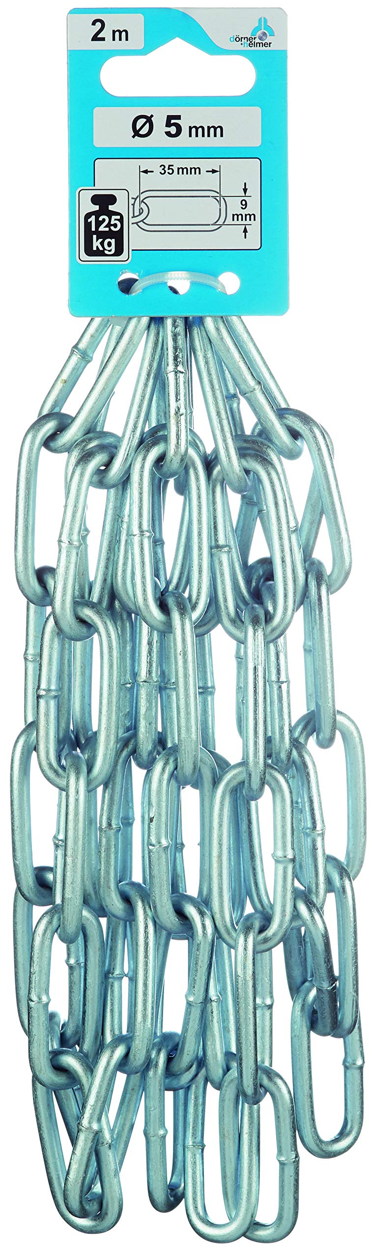 Dörner + Helmer Round Steel Chain, 5 mm Thickness, 2 m Length, Galvanised Steel, Long Linked, 125 kg Load Capacity, Silver