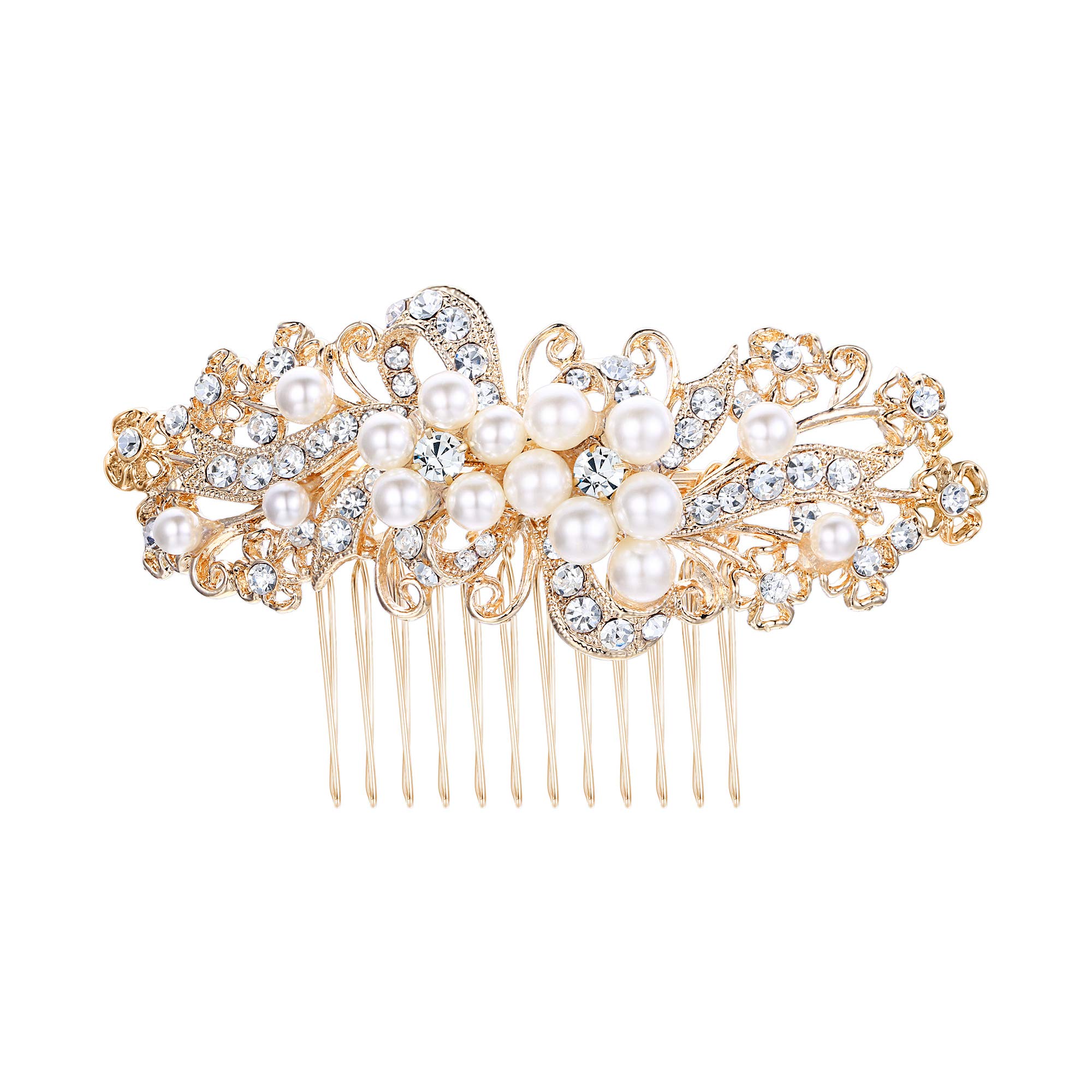 EVER FAITH Austrian Crystal Cream Simulated Pearl Floral Flower Bowknot Hair Comb Clear Gold-Tone