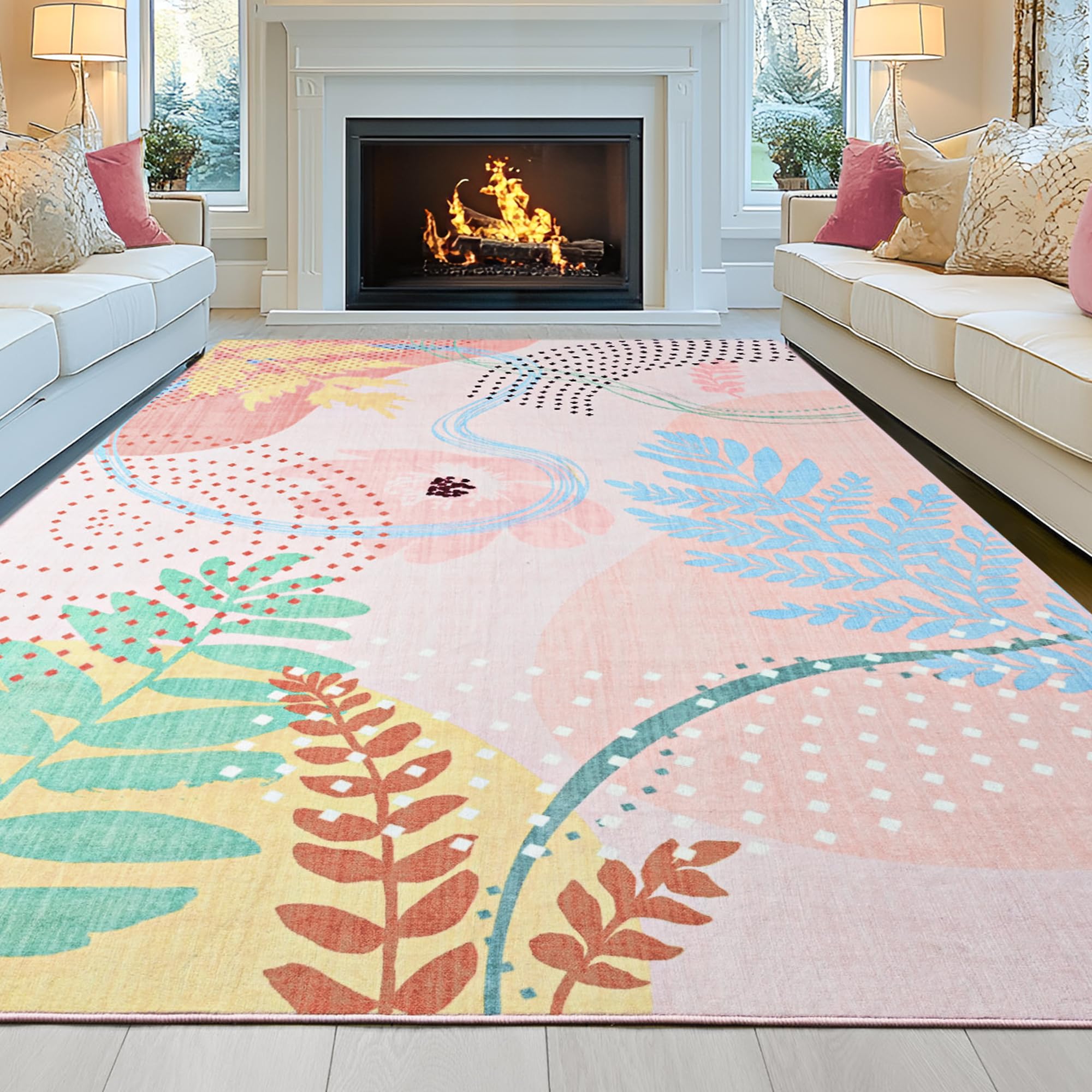 Photo 1 of (bagged) (used/fair) (bagged) ST. BRIDGE Faux Wool Boho Floral Area Rug 5x8, Modern Pink Abstract Print Soft Carpet, TPR Non-Slip Backing, Machine Washable Low Pile Rug for Bedroom, Living Room, Kids Room, Playroom, Office