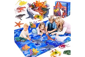 GINMIC Kids Ocean Animals Toys with Large Play Mat , 18 Pack Assorted Realistic Sea Animal Toys with Carrier Bag Including Shark, Whale, Dolphin etc, for Toddler, Boys & Girls Ages 3-8