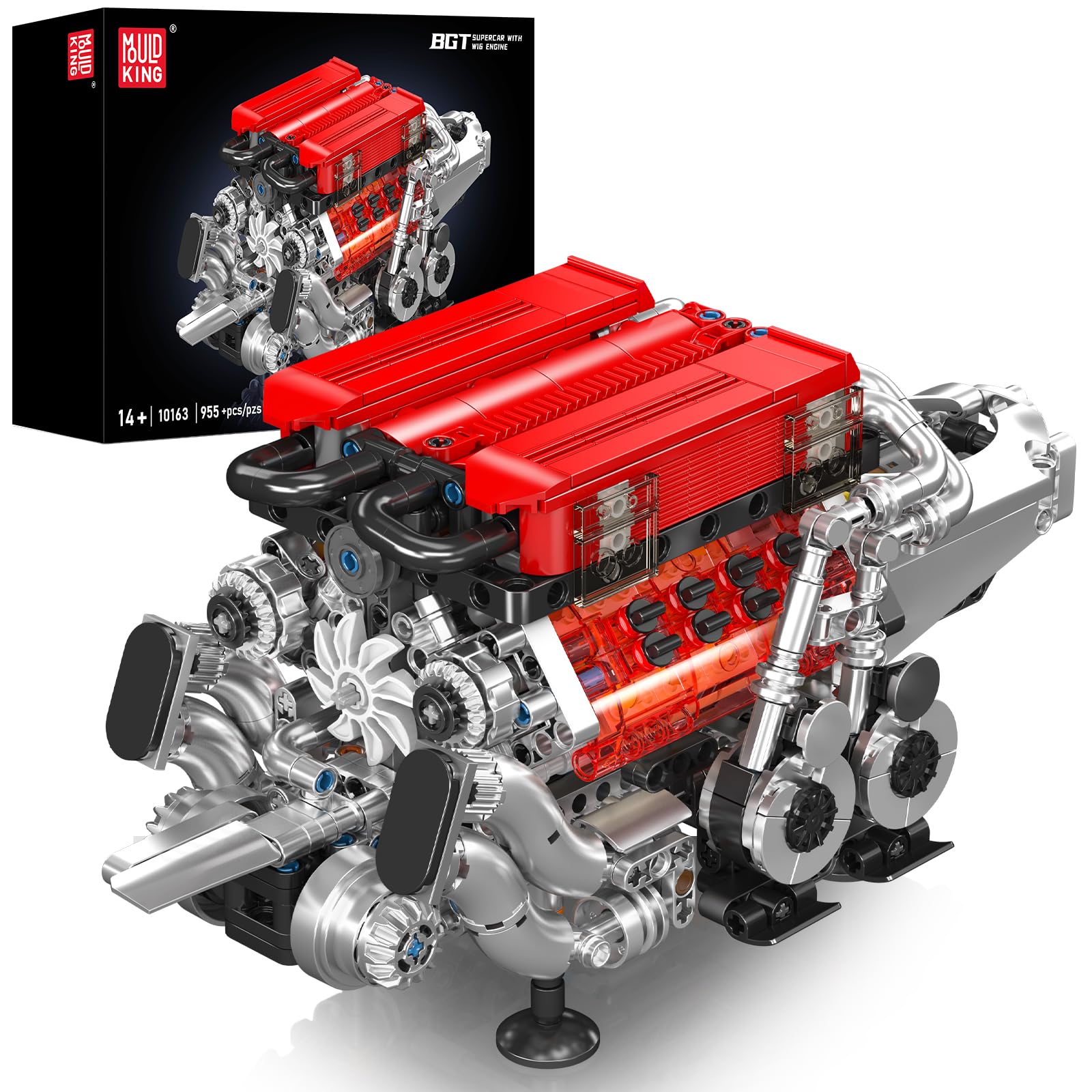 Photo 1 of Mould King W16 Engine Building Blocks Set, 10163 Combustion Engine Model That Runs, Mini Engine Build Kit for Adults with Battery and Motor, Engineering Construction STEM Toy for Boys Girl (952 Pcs)