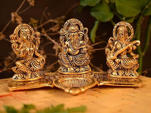 Collectible India Decorative Laxmi Ganesha Sitting Diya Statue - Puja Diya- Lakshmi Ganesh Saraswati Showpiece Oil Lamp Diya Decoration