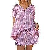 KCVVA Womens Gingham Pajama Set 2 Piece Cotton Short Sleeve Plaid Ruffle Pjs Outfits Lounge Babydoll Shirt Sleepwear
