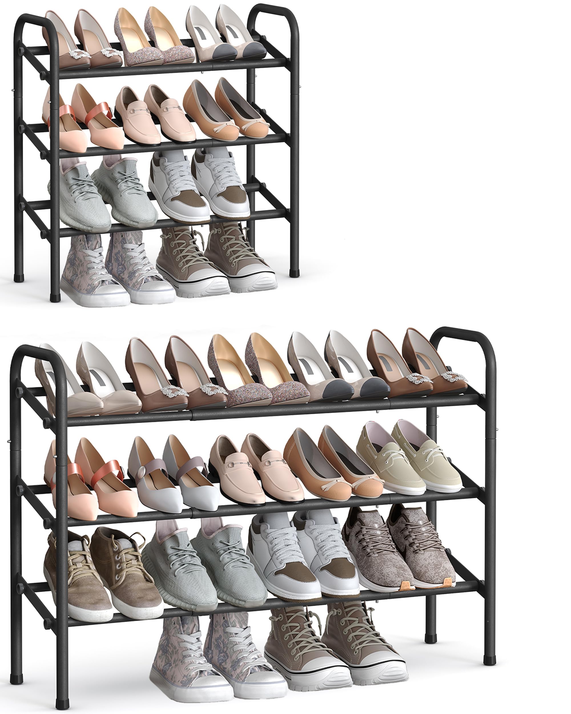 SONGMICS Expandable Shoe Rack, 3-Tier Metal Shoe Shelf Storage, Adjustable Shoe Organiser, Free Standing Shoe Racks for Hallway, Closet, Doorway, Easy Assembly, Ink Black LMR039B01