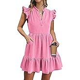 POTILI Denim Dress for Women Ruffle Short Sleeve V Neck Jean Mini Dress with Pockets