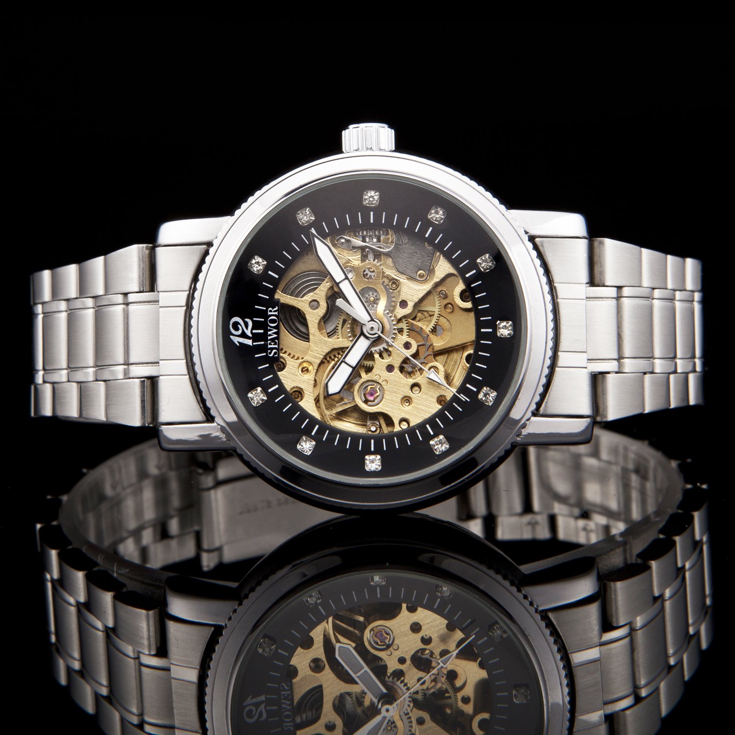 SEWOR Men\'s Mechanical Skeleton Business Steel Band Dress Diamonds Analog Watch (Sliver)