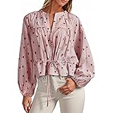 Tankaneo Womens Striped Cropped Button Down Shirts Puff Long Sleeve Peplum Tops Drawstring Waist Loose Fit Blouses