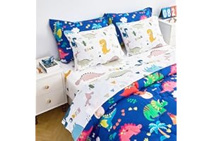 Wajade 7 Piece Kid Boys Dinosaur Comforter Set Twin Size 3D Blue Dinosaur Wild Park Jungle Print Bedding Set with Comforter, Sheet Set, Pillowcase and Sham