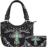 Western Style Rhinestone Cross Conchos Studded Women Purse Tooled Leather Handbag Country Shoulder Bag Trifold Wallet Set