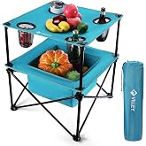 VILLEY Folding Camping Table, Double-Layer Beach Table with Storage | Portable &amp; Lightweight, 600D Oxford Fabric, 66 lbs Capacity, 4 Cup Holders, Carry Bag for Camping, Beach &amp; Tailgating