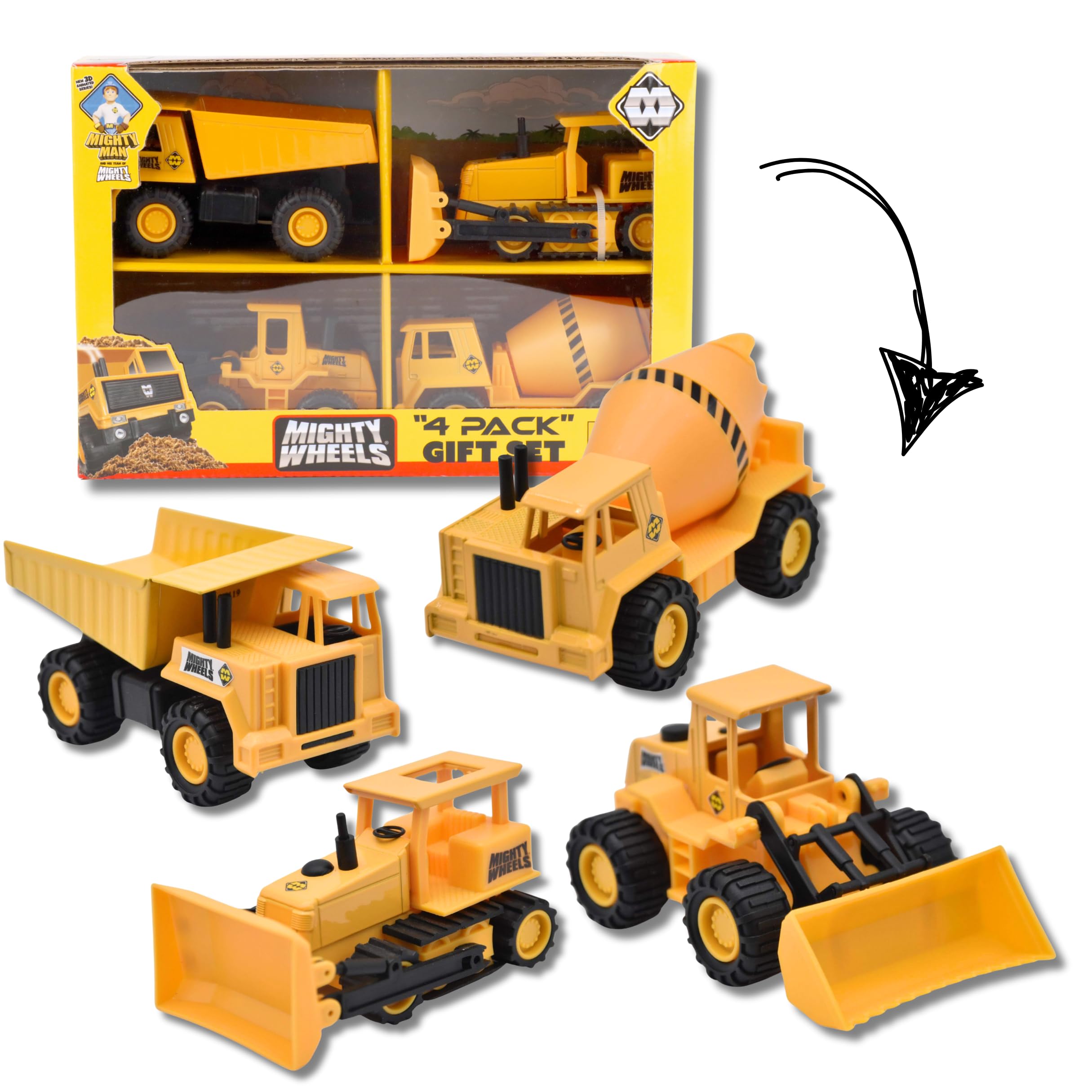 Mighty Wheels Steel 4 Pack of 4.75" Truck Toys - 1 x Dump Truck, 1 x Front Loader, 1 x Cement Mixer and 1 x Bulldozer Toys - Construction Toys for 3+ Year Old Boys and Girls — image 1