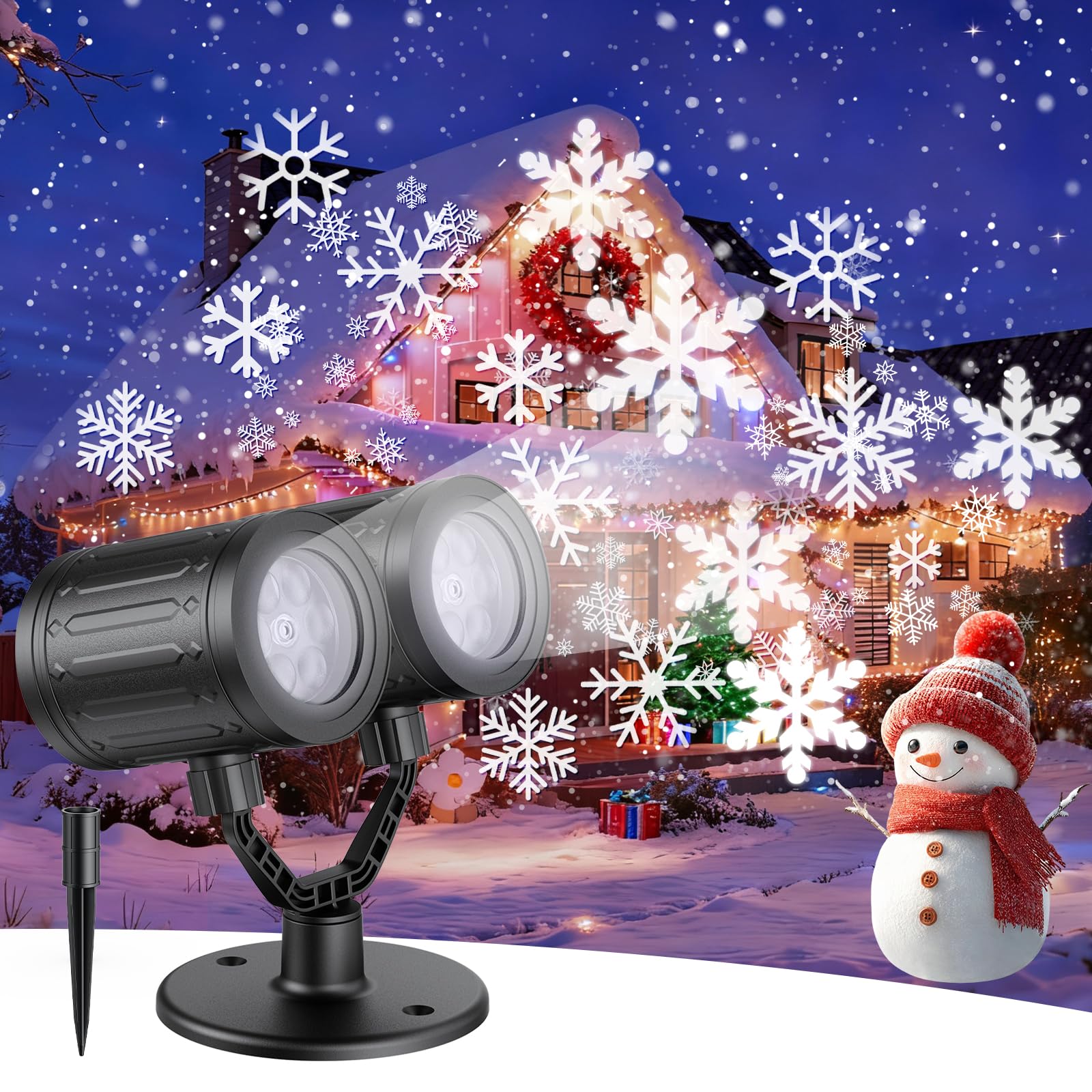Photo 1 of 2025 Latest Snowflake Christmas Projector Lights Outdoor, Double Head Crystal-Clear Holiday Projector Outdoor with Timer, Snowfall LED Xmas Lights for House Outside Indoor Christmas Decorations