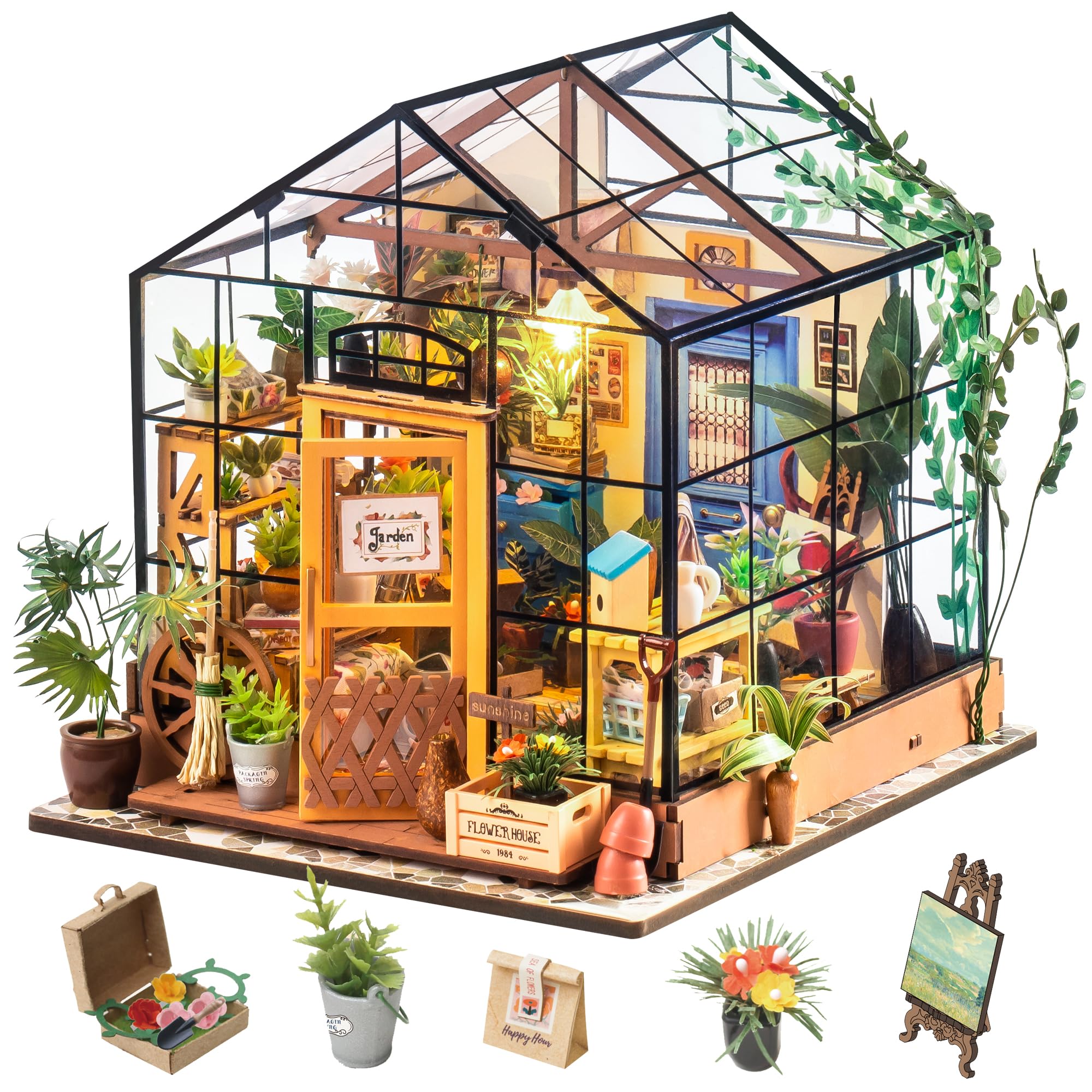 Rolife DIY Miniature House Kits for Adults Greenhouse Dolls House Craft Kits For Adults Model Kits for Adults to Build Birthday Gift for Women and Girls (Cathy's Flower House)