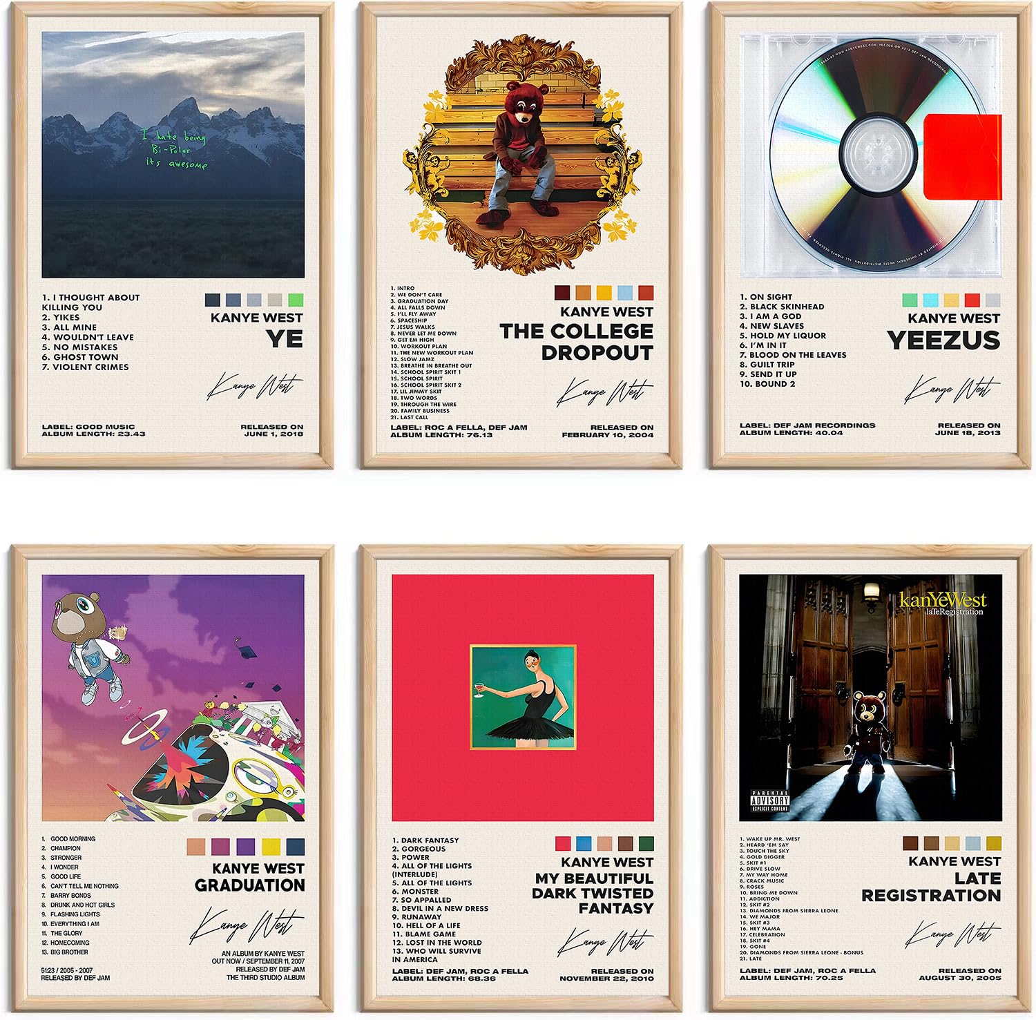 Kanye West Posters Album Cover Signed Limited Posters Prints Rapper Music Posters Room Aesthetic Canvas Wall Art Set of 6 for Teen and Girls Dorm Decor 8x12 inch Unframed