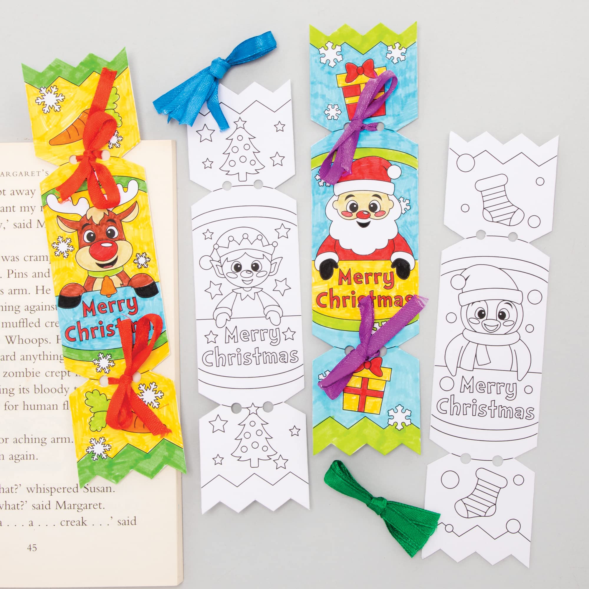 Baker Ross FE986 Christmas Cracker Colour In Bookmarks - Pack of 6, Colour In Book Mark Craft Kits for Kids, Arts and Crafts Book Marks for Children