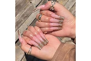 IMSOHOT Square Press on Nails Long Fake Nails Gold Glitter French Tips False Nails with Designs Glossy Glue on Nails Full Cover Acrylic Nails for Women 24pcs