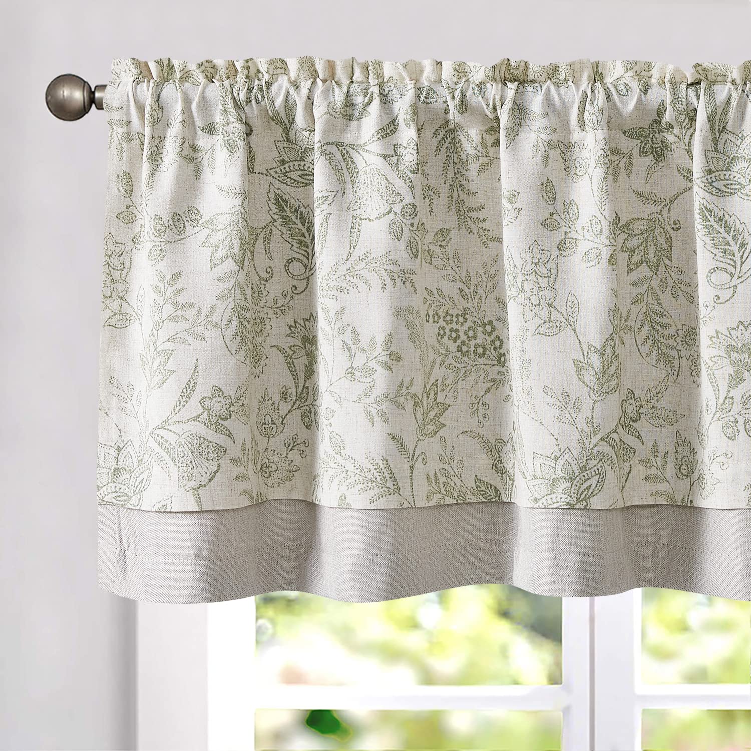 TOPICK Floral Kitchen Curtains Small Cafe Curtains Blackout Double Layer Curtain Valance for Sink Living Room Cupboard Rod pocket 1 Panel Green on Beige 18 Inch Drop