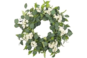 YUGALI 24’’ Spring Wreaths for Front Door - Artificial Green Eucalyptus with White Cherry Blossom, Daisy & Lavender, Grapevin