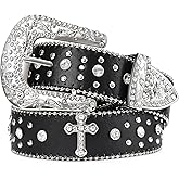 JASGOOD Rhinestone Studded Belt for Men Women, Western Leather Belt for Cowgirl Cowboy Vintage Bling Belt for Pants Dress