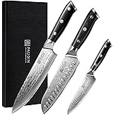 PAUDIN Damascus Knife Set 3 PCS, Japanese VG10 Steel Core, Ultra Sharp Chef Knife Set, Full Tang G10 Handle, Damascus Kitchen Knives