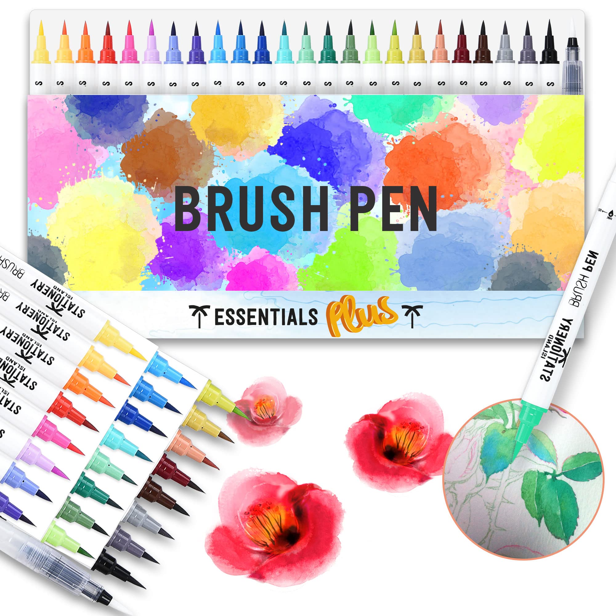 STATIONERY ISLAND Watercolour Brush Pen Set Colouring Highlighter Markers Felt Tips Calligraphy Brush Pens Water Colour Lettering Pen Set for Professional Adults and Beginners Kids - Set of 24