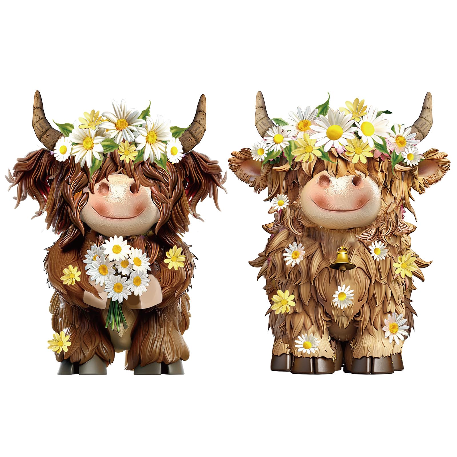Photo 1 of Burbell 2 Pcs Highland Cow Figurines Daisy Flower Highland Cow Gnomes Decor Resin Statue Calf Lovers Gifts for Farmhouse Home Garden Kitchen Office Tiered Tray Table Decor