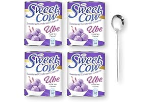 Sweet Cow Ube Purple Yam Sweetened Condensed Milk Creamer by Jans 13.4 Oz 4-Pack with Stainless Steel Mini Sauce Spoon