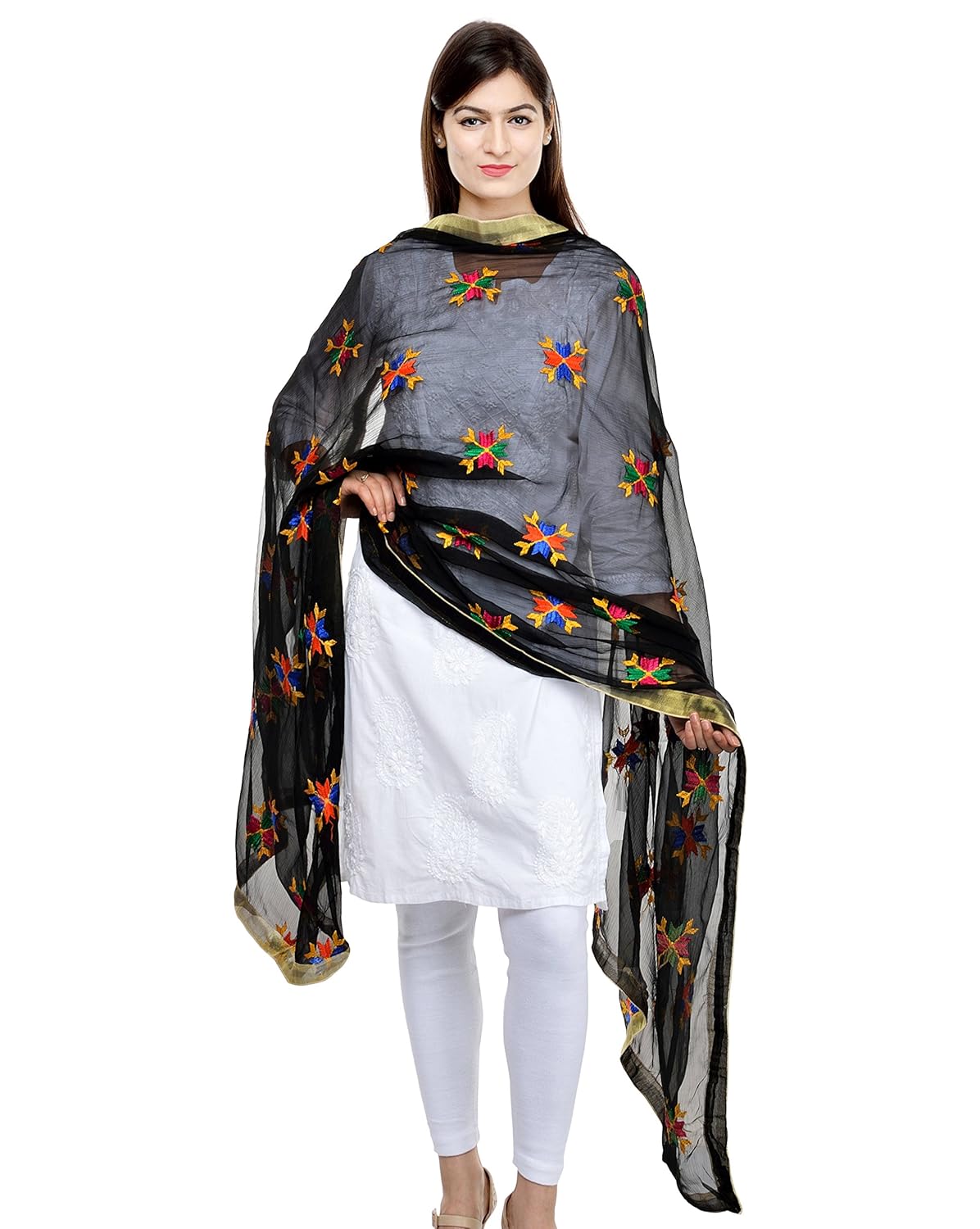 weavers villa&reg; punjabi hand embroidery phulkari buty work faux chiffon dupatta, stoles