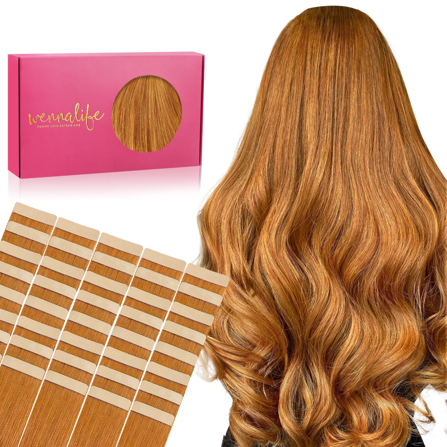 WENNALIFE Tape in Hair Extensions Human Hair, 12inch 40pcs 80 Auburn Ginger Real Human Hair Tape Extensions — image 1
