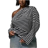 Milumia Women's Plus Size Off The Shoulder Top Striped Ruched Long Sleeve Spring Going Out Tops Tee
