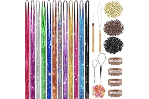 PREHOT Hair Tinsel Kit (48 Inch,12 Colors, 3600 strands), Fairy Tinsel Hair Extensions with Tools - Glitter Hair Tinsel Kit Heat Resistant Accessories for Girls Women Kids Christmas New Year