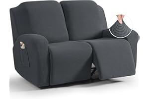 TAOCOCO Recliner Loveseat Slipcover, 6 Pieces Dual Recliner Sofa Covers for 2 Seat Dual Reclining Loveseat Couch, Stretch Soft Jacquard Pattern Furniture Protector with Elasticity (Charcoal Grey)