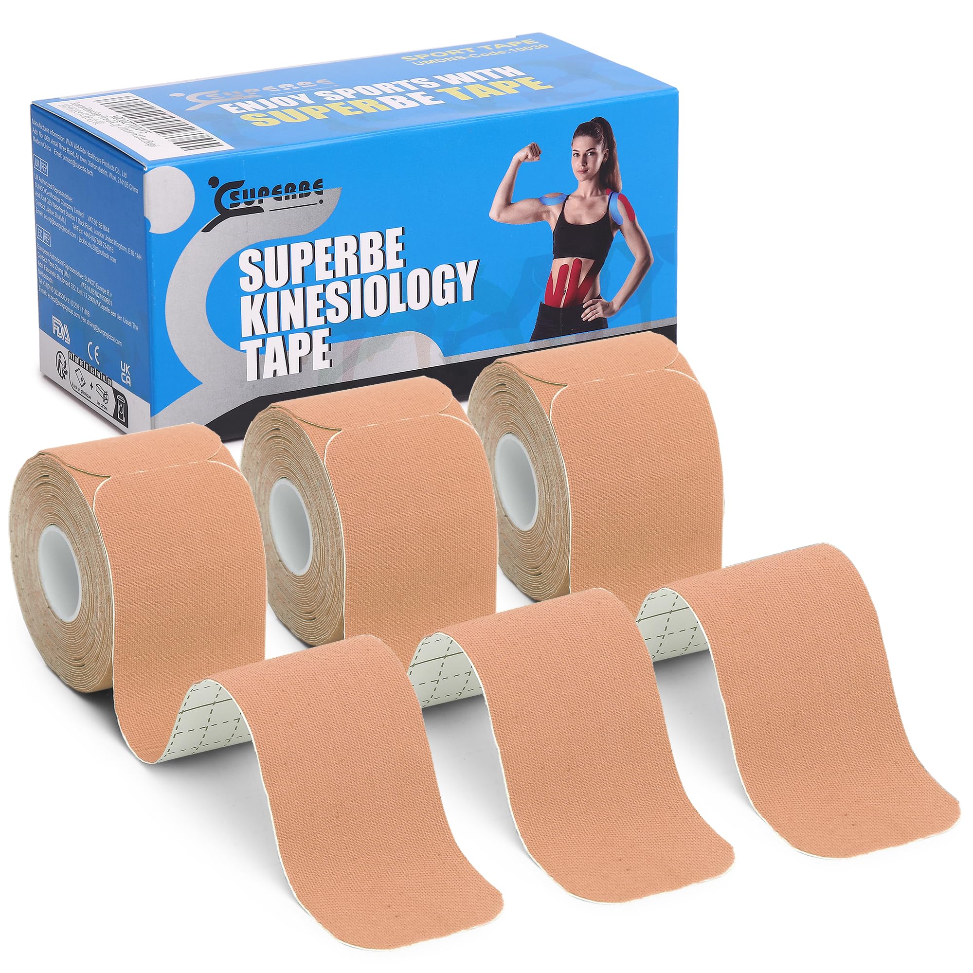 SUPERBE Pre cut Kinesiology Tapes (3 Rolls Pack), Sports Tape Muscle Tape for Pain Relief, Muscle Support, Recovery and Physio Therapy (Beige)