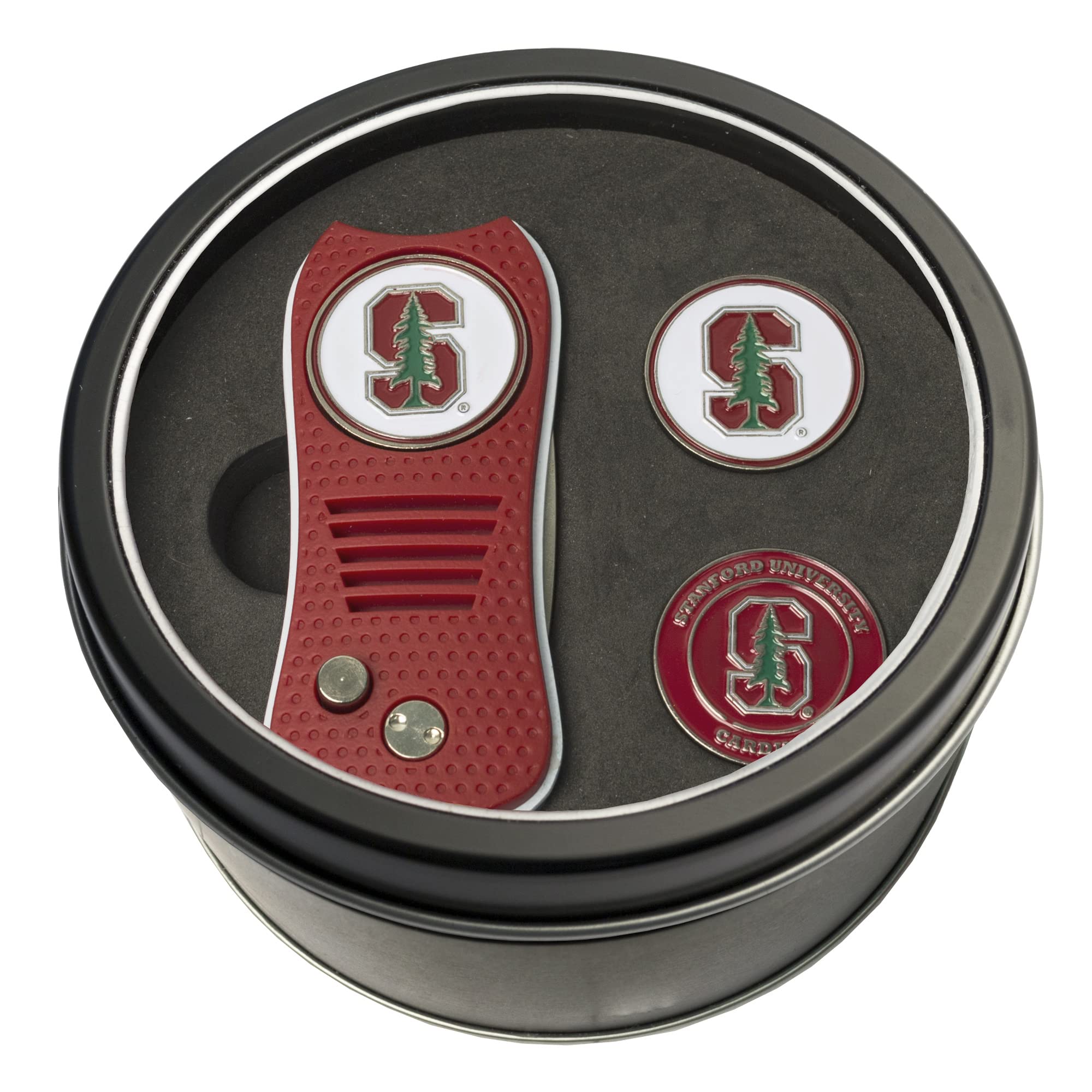 Team Golf NCAA Stanford Cardinal 2 Ball Markers Tin Gift Set with Retractable Divot Tool and 3 Double-Sided Magnetic Ball Markers, Patented Single Prong Design, Causes Less Damage to Greens